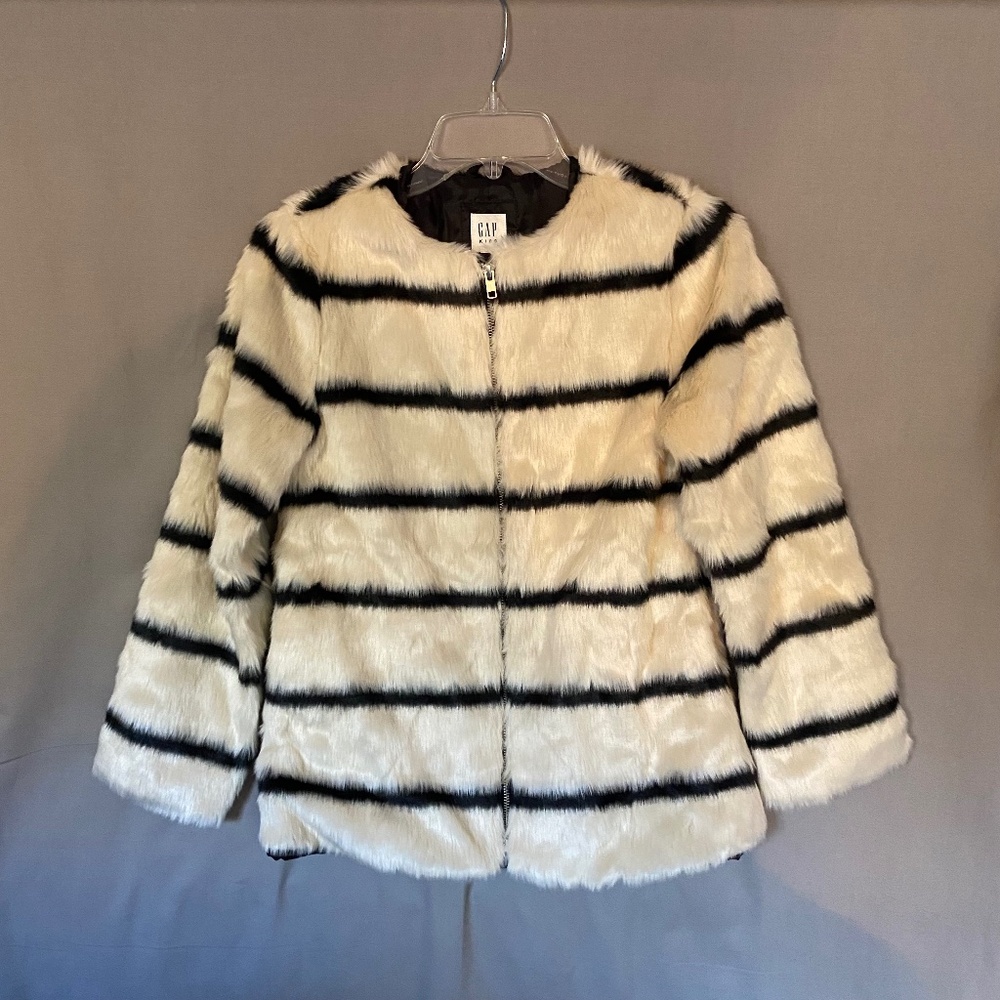 Gap Kids Girls Faux Fur Coat, Ivory & Black Stripes - Kids Size XL (12) (NWT)